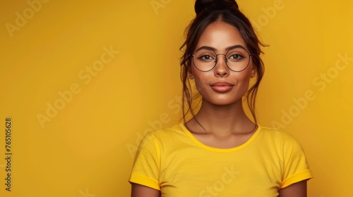 Attractive indian woman wearing yellow tshirt and glasses. Isolated on yellow background.