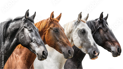 Horse portrait collection in different colours (black, grey, brown, white) isolated on a white background, animal bundle. With clipping path