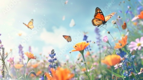 Beautiful scene bees and butterfly on the spring flower garden blur background. AI generated image