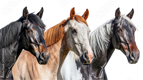 Horse portrait collection in different colours (black, grey, brown, white) isolated on a white background, animal bundle. With clipping path