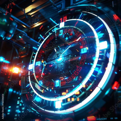 Wallpaper Mural A visually stunning representation of time with a futuristic, technology-inspired design featuring glowing dials and data streams. Torontodigital.ca