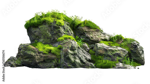 Mossy forest rock scenery isolated on a white background. With clipping path