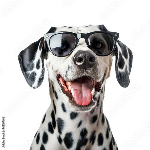 Portrait of happy dalmatian dog wearing sunglasses isolated on a white background. With clipping path