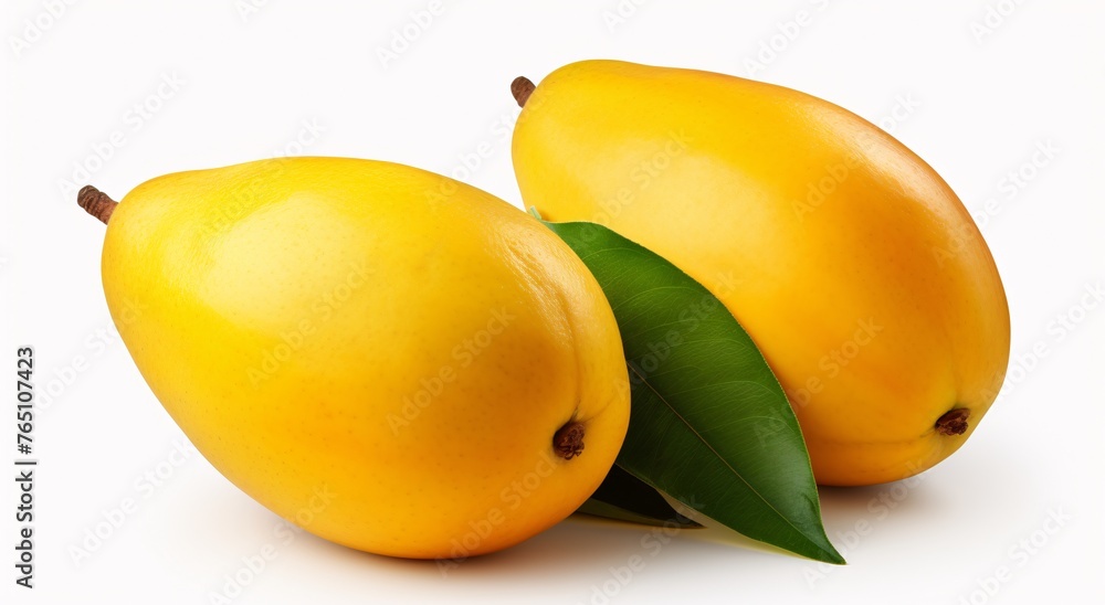 two yellow fruit with green leaves