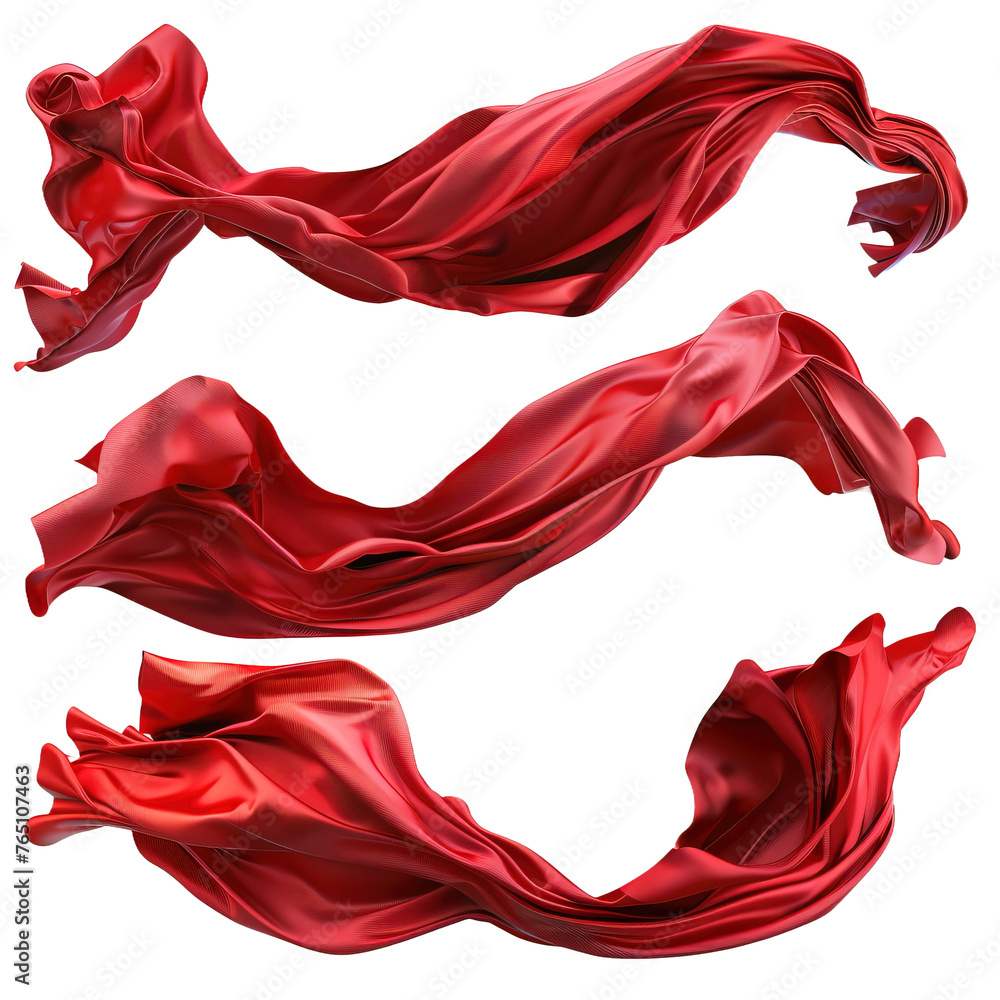Set of flying 3d red drapery fabric cloth on white background,png Set of flying 3d red drapery fabric cloth on white background,png