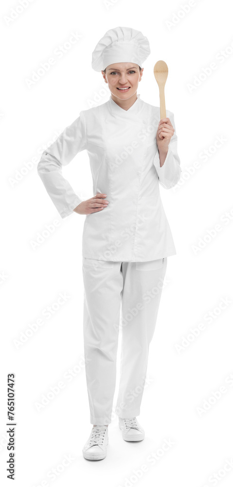 Happy chef in uniform holding wooden spoon on white background Happy chef in uniform holding wooden spoon on white background