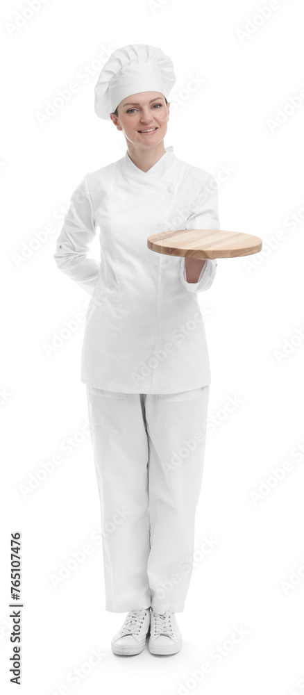 Happy chef in uniform holding empty wooden board on white background Happy chef in uniform holding empty wooden board on white background
