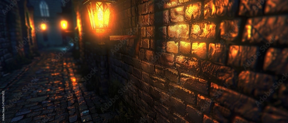 Fototapeta premium An image of a dark alley with a brick wall, a street light, and two street lamps on either side at night
