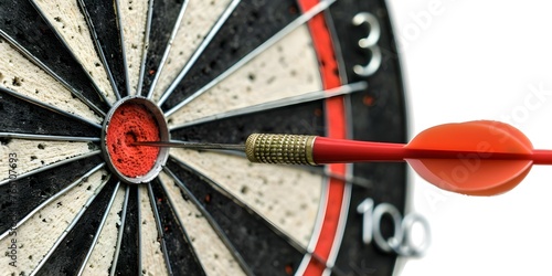 Macro shot of dart piercing center of dartboard isolated on white background. Concept Product Photography, Macro Photography, Close-up Shots, Precision Targeting, White Background