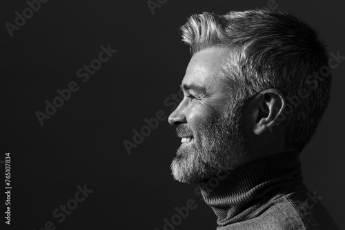Portrait of smiling man on dark background, space for text. Black and white effect © New Africa