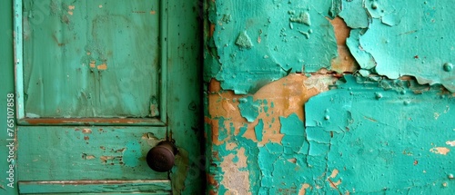  A detailed photograph captures a green door with peeling paint and a weather-worn knob positioned near its edge