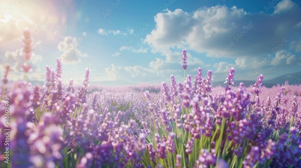 Naklejka premium Beautiful lavender field on sunny day blue sky landscape. AI generated image