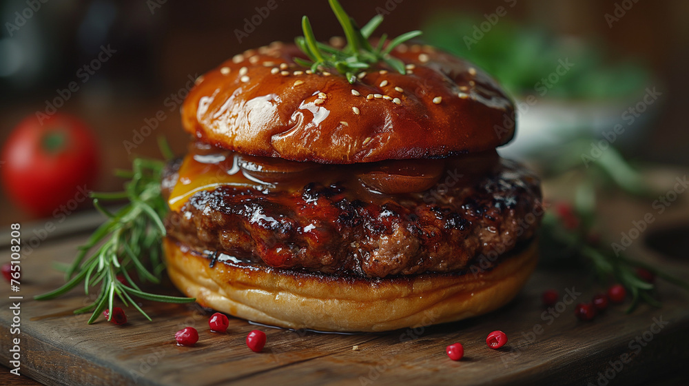 Succulent Gourmet Cheeseburger on Wooden Table Succulent Gourmet Cheeseburger on Wooden Table