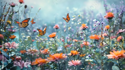 Beautiful scene bees and butterfly on the spring flower garden blur background. AI generated image © yusufadi