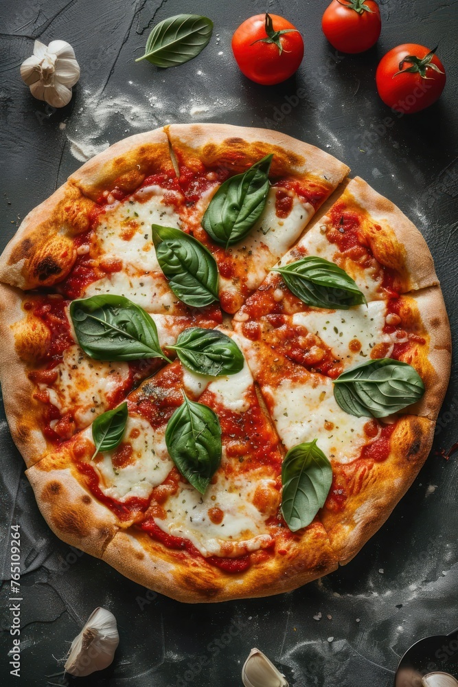 Authentic Italian neopolitan marghertia pizza with mozzarella cheese tomato sauce basil 