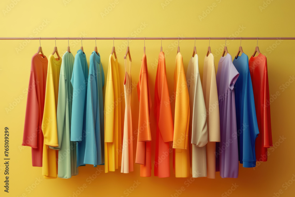 Wardrobe Spectrum, A line-up of colorful apparel, neatly arranged, a visual representation of fashion's diverse palette and the personal expression found in choice.