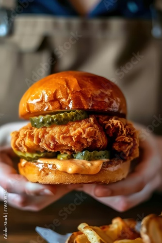 Hands holding chicken sandwich with pickles, grilled nashville hot fried chicken burger toasted buns