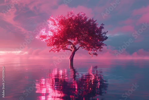 The aura pink tree, a symbol of future nature, turns in a minimalistic setting, captured in portrait mode with 4K ultra-high definition. photo