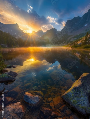 Golden sunrise over serene mountain lake - Breathtaking landscape of a golden sunrise reflecting on a clear mountain lake with transparent waters
