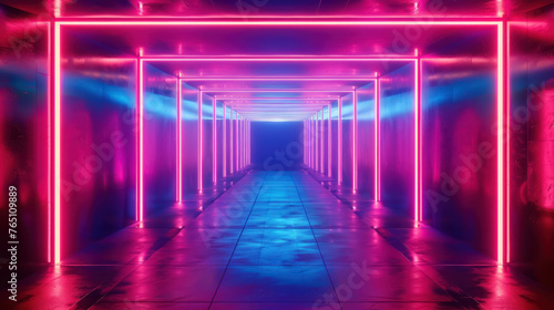 Neon Gateway, A corridor illuminated with bright neon lights, a futuristic pathway inviting one into a realm of high energy and vivid dreams.