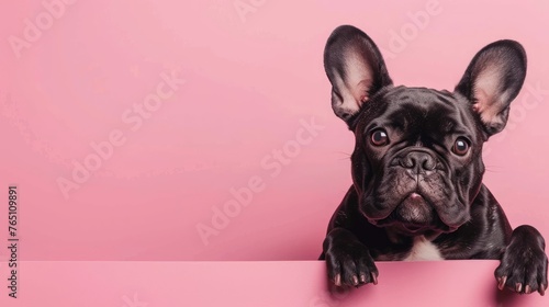 Banner, template, copy space with cute french bulldog isolated on pastel pink background.