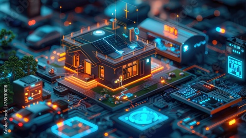 Futuristic smart home on digital circuit board - This highly detailed representation of a smart home integrates modern living with advanced technology on a digital circuit board
