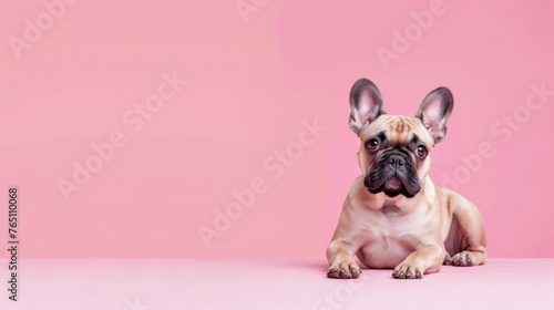 Banner, template, copy space with cute french bulldog isolated on pastel pink background.