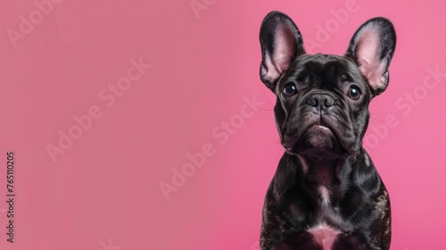 Banner, template, copy space with cute french bulldog isolated on pastel pink background.