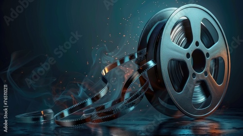 Vintage film reel with glowing embers - A vintage cinematic film reel with a dramatic, fiery glow, evoking nostalgia and the magic of classic movies