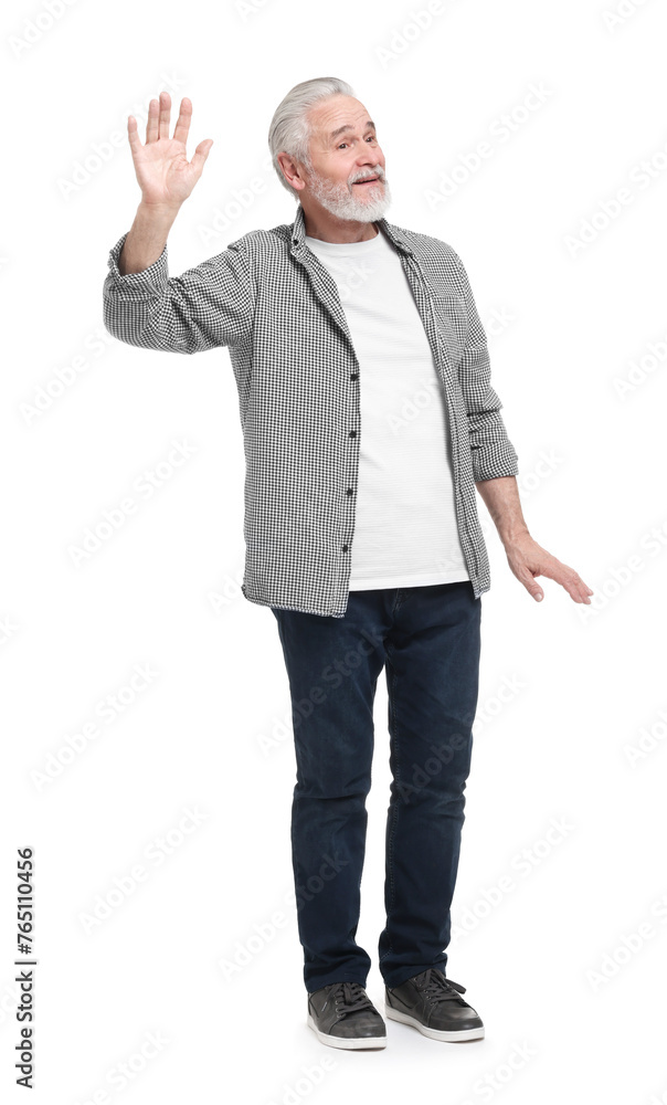 Senior man waving hand on white background Senior man waving hand on white background