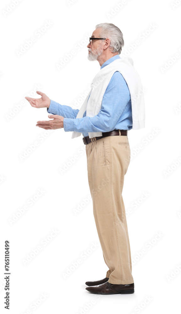 Senior man greeting someone on white background Senior man greeting someone on white background