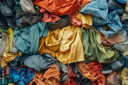 A heap of textiles and shoes for recycling promoting sustainability and awareness of climate change in the fashion industry. Concept Sustainable Fashion, Textile Recycling, Climate Change Awareness photo
