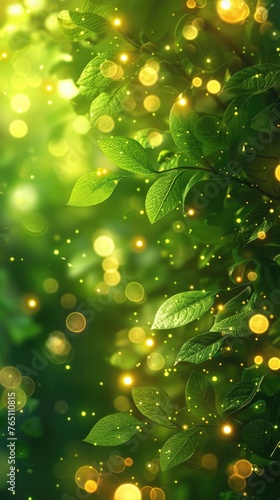 A green and yellow background with leaves and lights