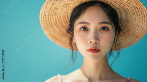 Beautiful asian woman wearing straw hat. Summer portrait against blue background.