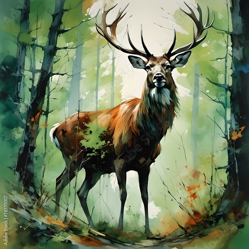 Deer standing in the woods, watercolor painting generated by ai