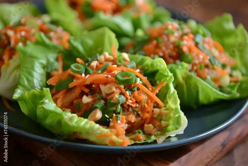 Savory Asian lettuce wraps. Green salad leaf stuffed with delicious chicken. Generate ai