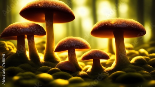 Shining mushrooms in an alien forest. An image of strange and glowing organisms in an alien ecosystem. Creative, AI Generated © DEER FLUFFY