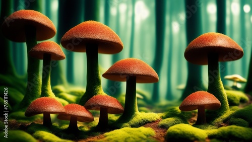 Shining mushrooms in an alien forest. An image of strange and glowing organisms in an alien ecosystem. Creative, AI Generated