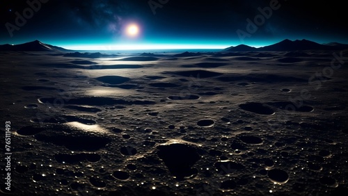 The lunar surface sparkling under neon glare in outer space. Fantastic landscape on an unknown planet. Creative, AI Generated © DEER FLUFFY