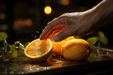 Hand squeezing half orange for juice, generative IA