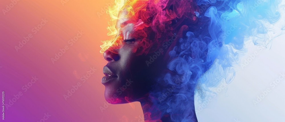  A picture of a person's face with multiple colors of smoke behind it