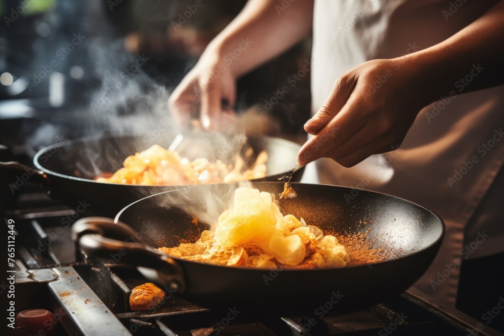 A photo from first person showing hands cracking eggs into a sizzling pan

