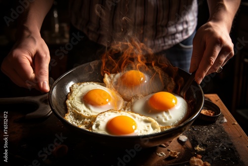 A photo from first person showing hands cracking eggs into a sizzling pan 