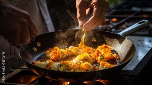 A photo from first person showing hands cracking eggs into a sizzling pan 