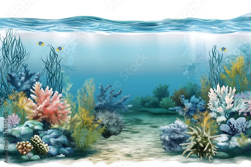 blue water with corals and seaweed