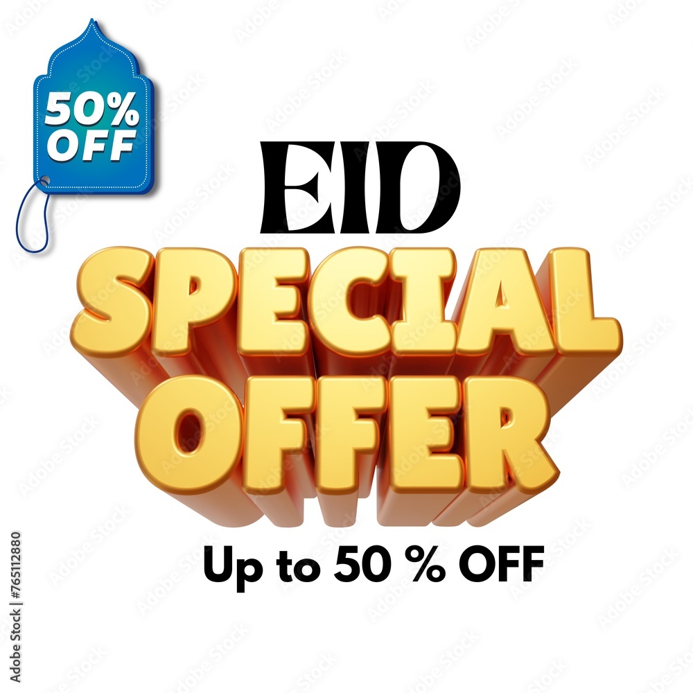Modern Eid mubarak sale banner design 50% off white background 