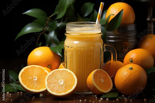 A glass of orange juice with the word orange, generative IA