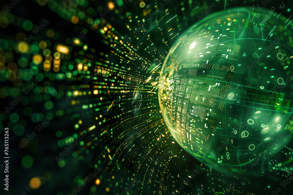 Glowing green globe with digital binary code on dark background Glowing green globe with digital binary code on dark background