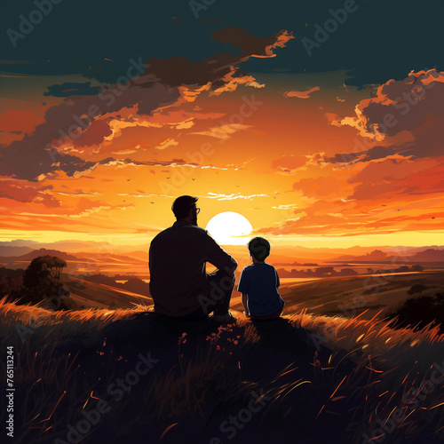 Father and son sit to see sunset view  illustration