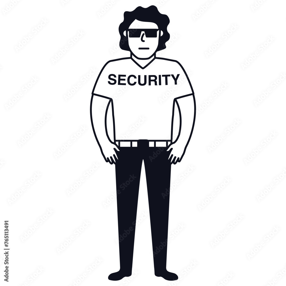 Man security guard of nightclub.Face control.Bouncer in sunglasses.Character cartoon vector illustration.Security guy suit for a shirt and trousers.Isolated on white background. Man security guard of nightclub.Face control.Bouncer in sunglasses.Character cartoon vector illustration.Security guy suit for a shirt and trousers.Isolated on white background.